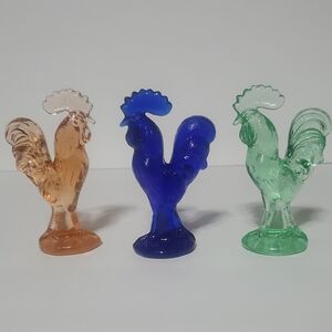 Colbalt Amber And Green Glass Rooster Set